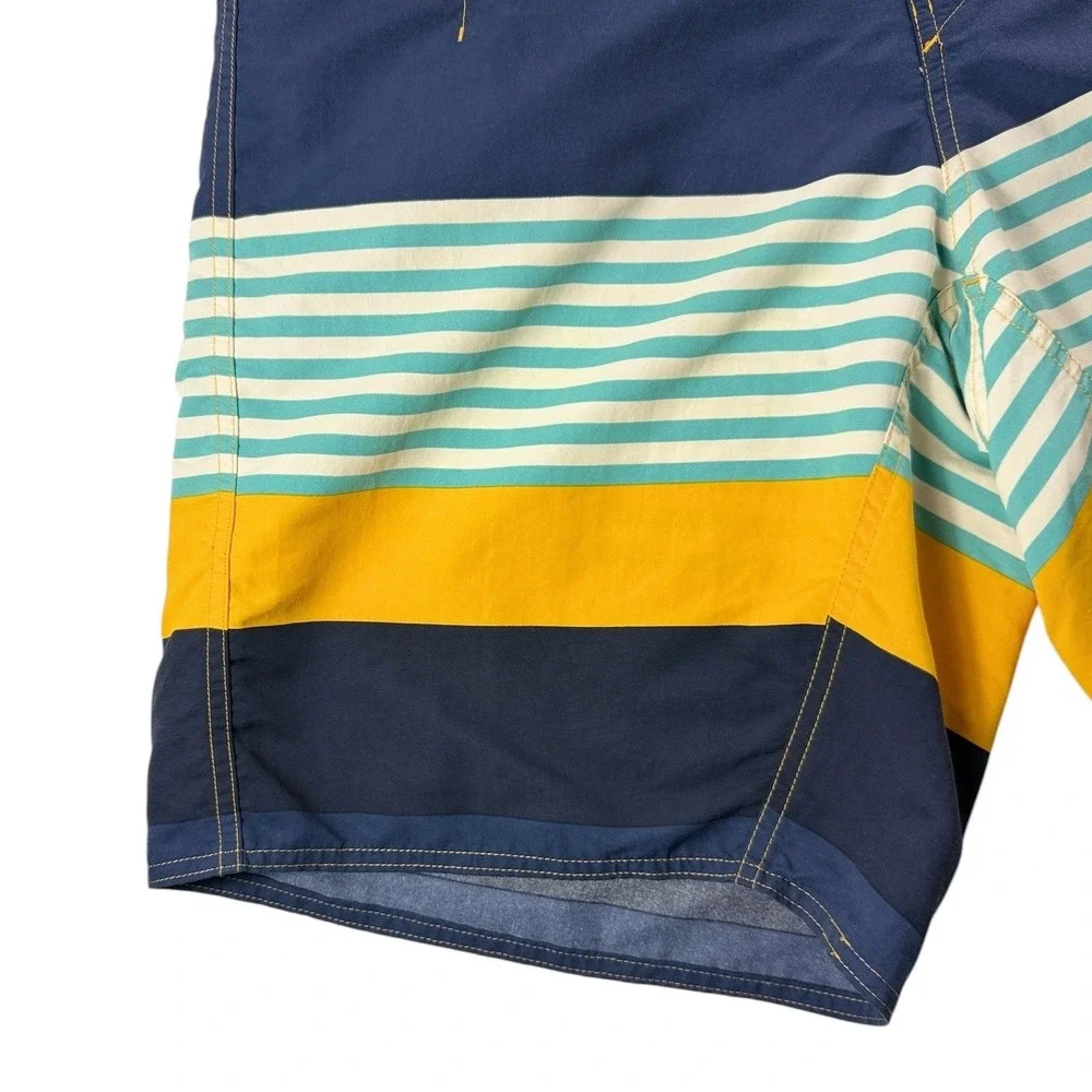 Patagonia Mens 34 Board Shorts Blue Yellow Striped Nylon Mesh Lined Swim Trunks